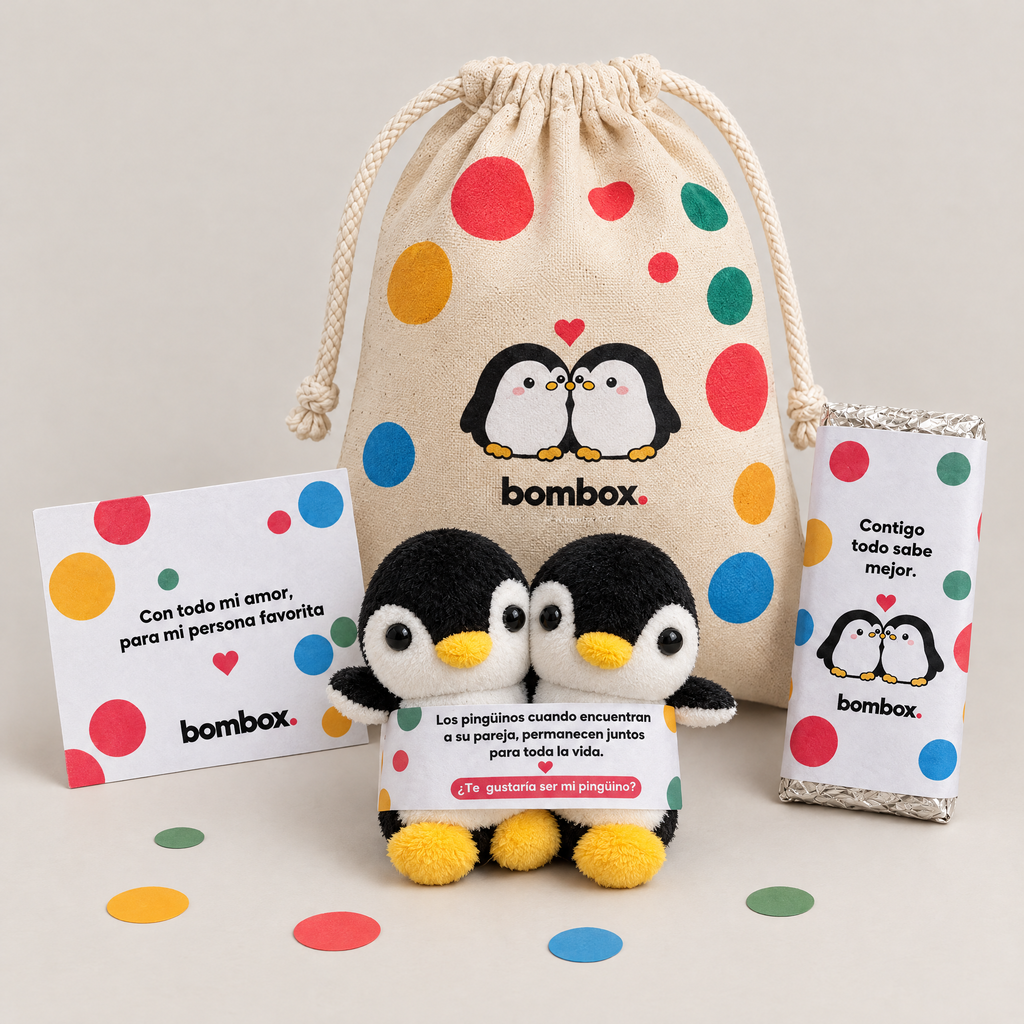 Kit Pingüinos bombox.: pareja de peluches pingüino, tarjeta y chocolate