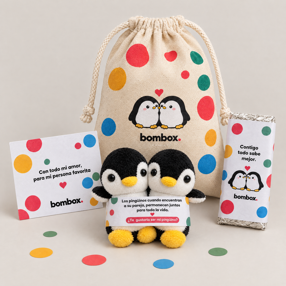 Kit Pingüinos bombox.: pareja de peluches pingüino, tarjeta y chocolate