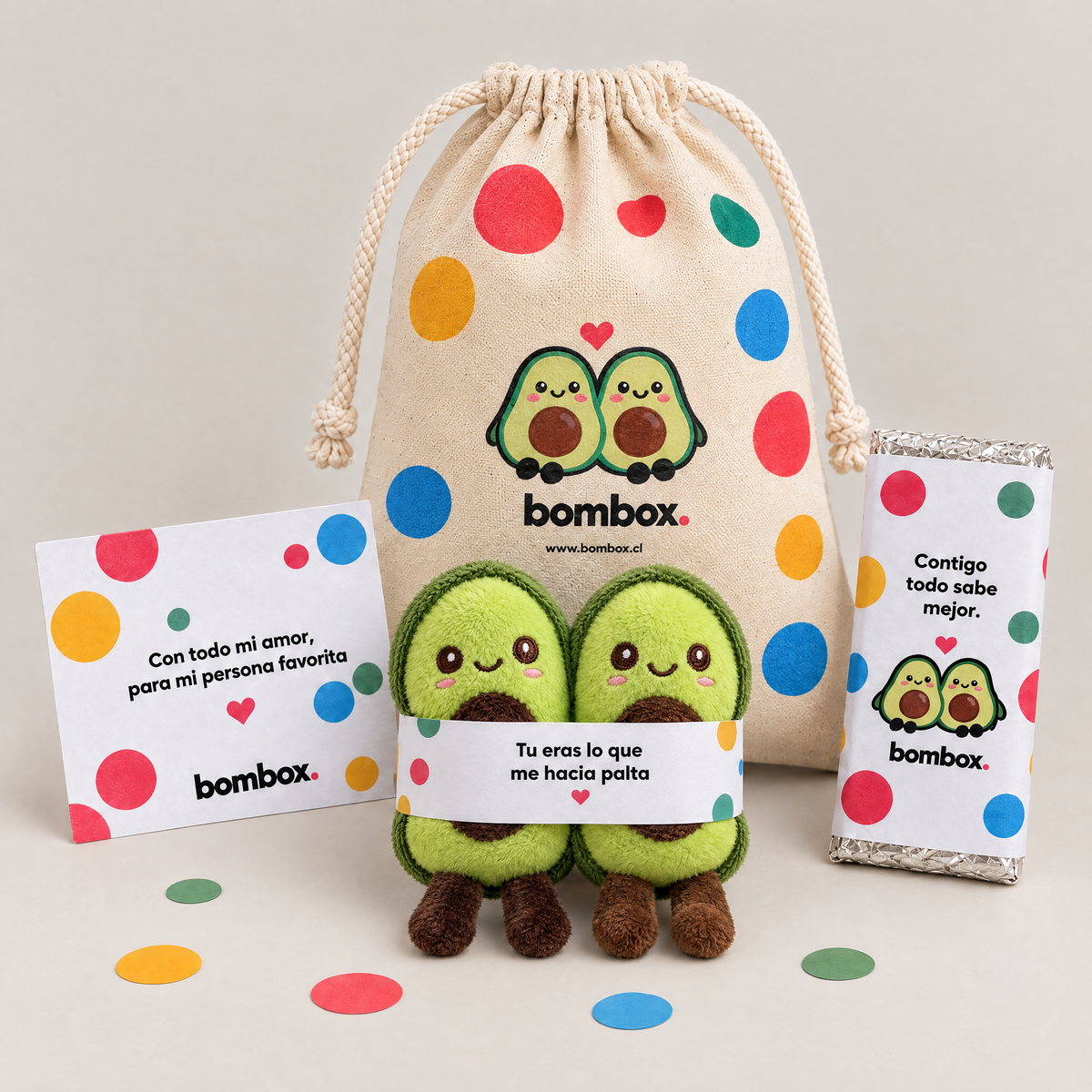 Kit Paltas bombox.: pareja de peluches palta, tarjeta y chocolate